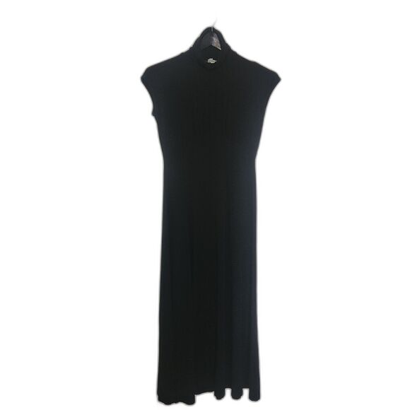 Boston Proper Med Black Dress Long A-Line Neck Turtleneck Chic LBD Maxi Office - Picture 1 of 5